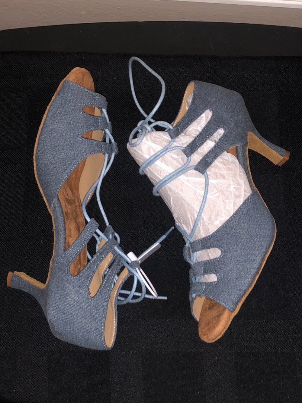 DanceandSway Denim Blue Lace Up Open Toe Dance Heels Shoes Sz 11 EU 43